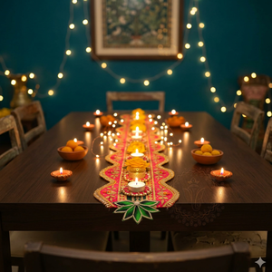Elegant Handmade Diwali Table Runner with Tea Light Holders Festive Dining Table <b>Decor</b> Embroidered Rangoli Centerpiece - Product Image 2