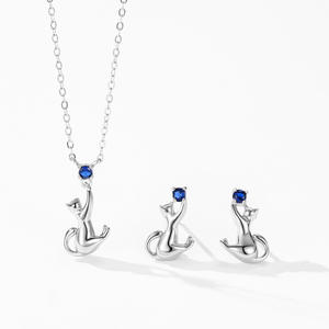 Boucles d'oreilles personnalisables en cuivre, série animale, en argent sterling S925, zircon bleu royal taille ronde, motif chaton mignon pour femme - Product Image 4