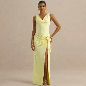 Robe de soirée longue sans manches pour femme, col en V, fente haute, plissée, robe de soirée formelle - Product Image 1