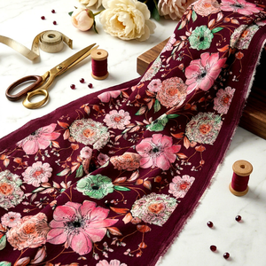 Burgundy Wine and Pastel Pink Floral Botanical Digital Printed Mull Cotton <b>Fabric</b> - Product Image 1