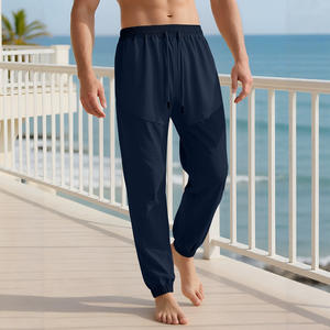 Pantalon en lin à cordon de serrage pour homme, taille élastique, fin, respirant, coupe ample, décontracté, pour usage quotidien et extérieur - Product Image 6