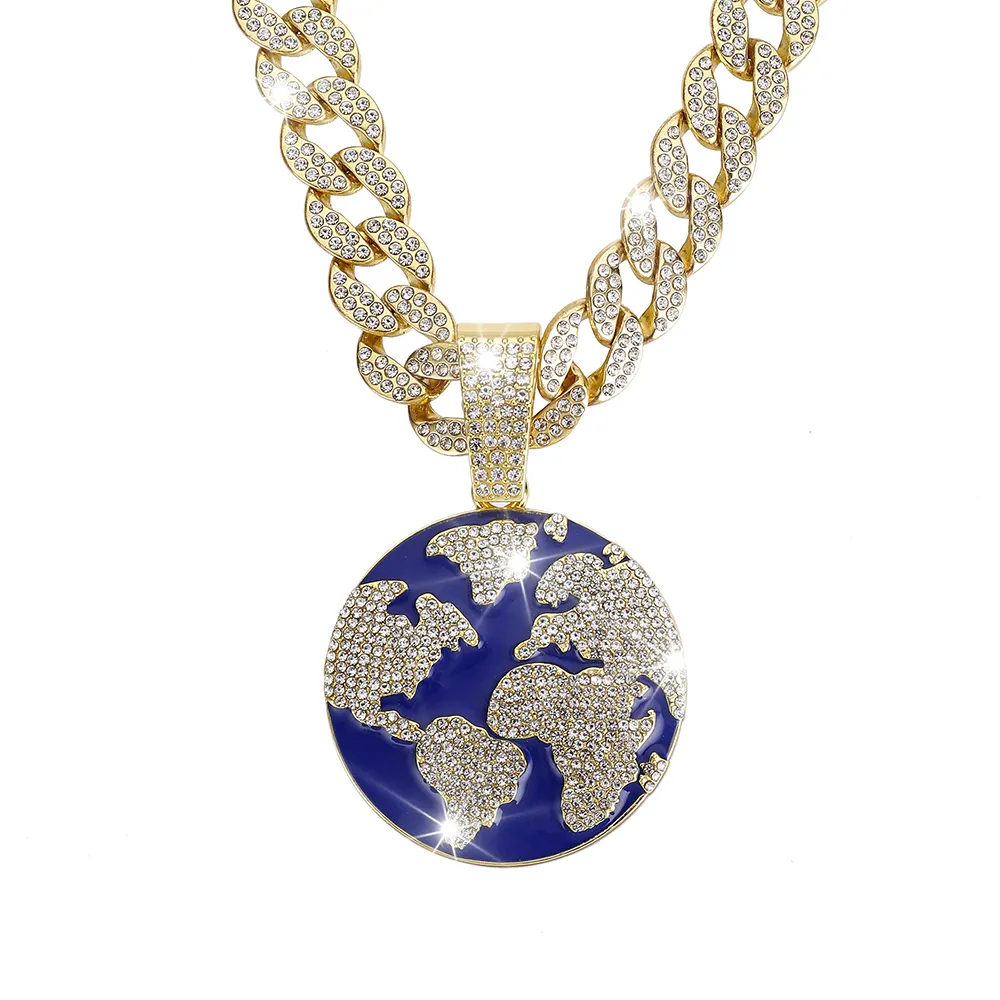 Hip Hop Earth Pendant Jewelry With 15mm Diamond Chain Necklace Men's Iced Out Pendant Bling Bling Jewelry