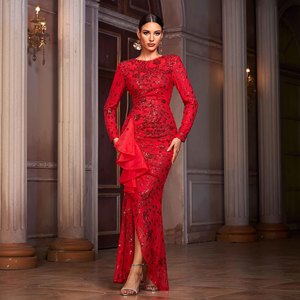 Luxury Long Sleeve <strong>Sequin</strong> Maxi Dress Elegant Bodycon Formal Party Wear <strong>Red</strong> Evening <strong>Gown</strong> Women's Fashion Banquet Dinner Dresses - Product Image 1