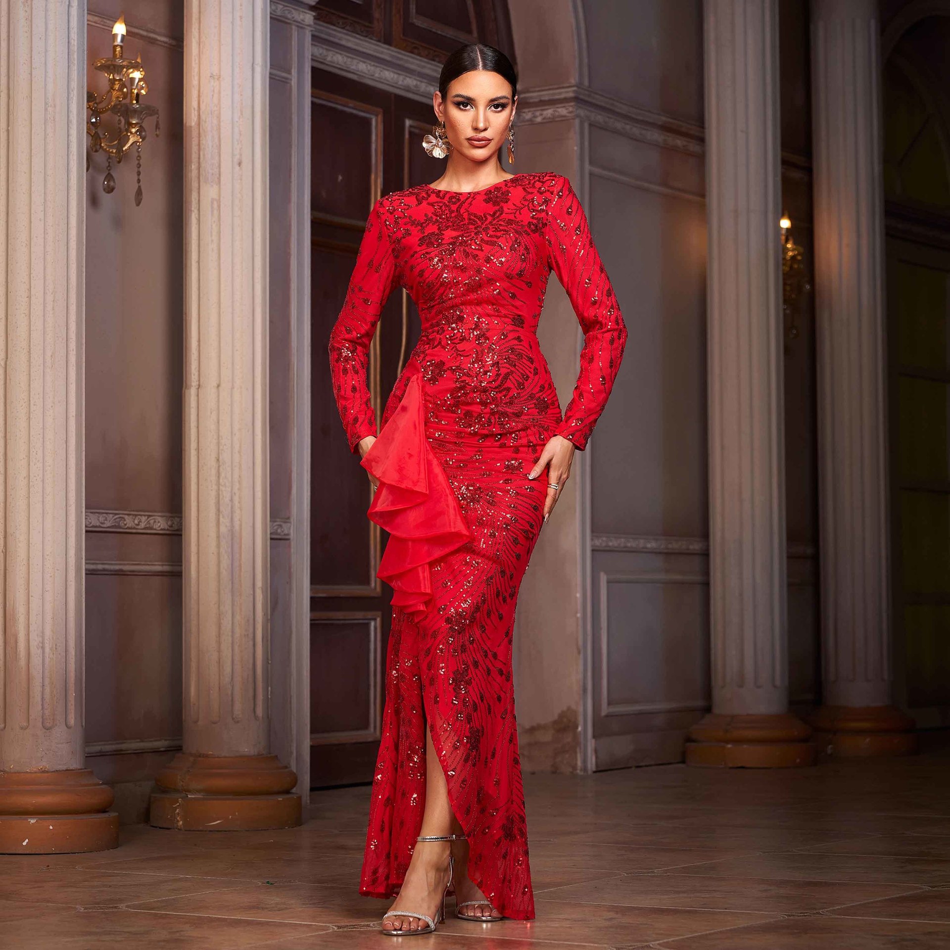 fitted lace wedding dress Red Mermaid Sparkly Sequin Modest New Long Evening Prom Dresses With L –  bridalsew