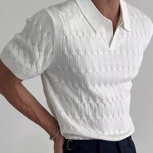 Polo en tricot pour homme, blanc, manches courtes, coupe ajustée, col rabattu, motif rayé, lavable en machine, tenue décontractée pour le travail - Product Image 4