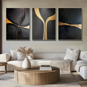 Quadro su Tela Personalizzabile Fatto a Mano, Arte Astratta Moderna Paesaggistica Testurizzata 3D Wabi Sabi, Dipinto Oro e Nero per Arredamento Hotel - Product Image 5