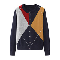 Cardigan en tricot à blocs de couleur et motif losanges pour femme, nouvelle collection automne-hiver, coupe ample et polyvalente, pull-over 2610-15a