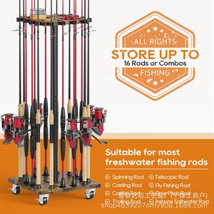 Support de canne à pêche en bois avec poulie rotative, support de rangement sur pied pour garage, bateau, usage extérieur - Product Image 1