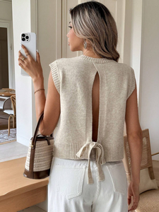 Haut en tricot de dentelle respirant et anti-plis sans manches à col rond pour femme, décontracté, tendance, polyvalent et <span class=keywords><strong>sexy</strong></span>, été 100% - Product Image 2