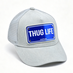Casquette Trucker en Velours Côtelé Gris avec Dos en Maille Respirante, Patch Brodé THUG LIFE, Style Décontracté Hip Hop, Idéale pour le Sport et les Activités de Plein Air - Product Image 2