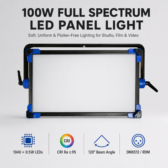 Professional 100W Metal LED Panel Light Full Spectrum Studio Lighting CRI 95+ DMX Soft Video Light for Film Broadcast