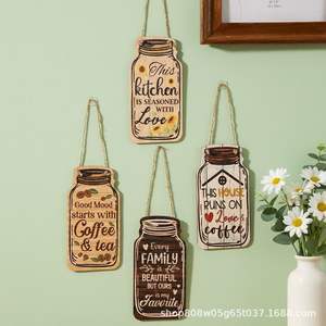Rustic <b>Wooden</b> Mason Jar <b>Signs</b> 4Pcs <b>Home</b> Kitchen Wall Decor Coffee Tea Love Theme Hanging Tags Irregular Shape Wood Craft - Product Image 2