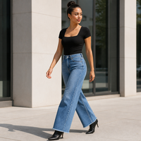 Jean taille haute à jambe large pour femme, en denim décontracté à ourlet brut, avec couture latérale, pour soirée romantique, vente en gros usine