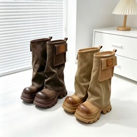 Bottes hautes pour femmes, tige en microfibre, talon épais, semelle plateforme, décoration de poche, semelle extérieure en caoutchouc, style européen