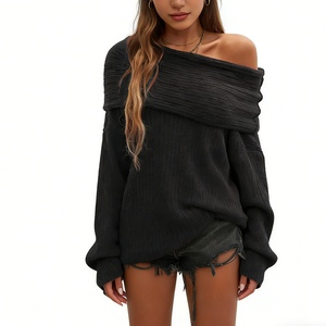 Pull en maille côtelée à épaules dénudées pour femme - Haut en maille décontracté surdimensionné tendance - Product Image 2