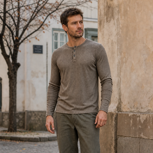 <b>Men's</b> Textured Knit <b>Henley</b> <b>Shirt</b> Long Sleeve Ribbed Cuffs Soft Stretch Regular Fit Pullover Knitwear Custom Logo TKAN1076 - Product Image 2