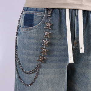 yueli Gothic <b>Skull</b> Pants Chain Gunmetal Double Chain Hip Hop Waist Chain Halloween Fashion Body Chain Zinc Alloy Skeleton Design - Product Image 1