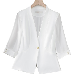 Women's Summer Thin Blazer <b>Jacket</b> Set <b>Chiffon</b> Three-Quarter Sleeve Suit Dress Solid Color Splicing Design - Product Image 5