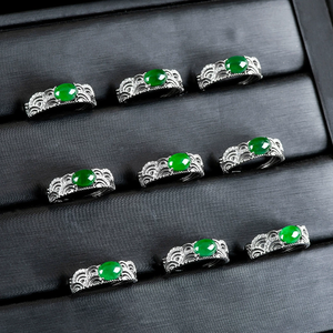 S925 silver natural A-grade jadeite emerald oval egg-shaped icy-grade jadeite <b>ring</b> finger <b>ring</b> for women with <b>adjustable</b> <b>size</b> - Product Image 3