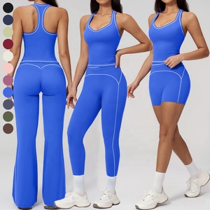 Ensemble de <span class=keywords><strong>sport</strong></span> color block pour femme, respirant, débardeur de yoga sans manches, short de <span class=keywords><strong>sport</strong></span> taille haute, leggings et pantalon évasé pour le fitness - Product Image 4