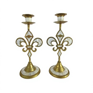 Set Of Two Candle Holder In Brass And Mother Of Pearl Work Customized Size Candle Holder For Table <b>Top</b> Use - Product Image 1