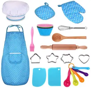 25Pcs Chef Set for Kids Kitchen Cooking Baking Dress Up Role Play Toys Aprons Chef Hat,Oven Mitt,Wooden Spoon Cutters Molds