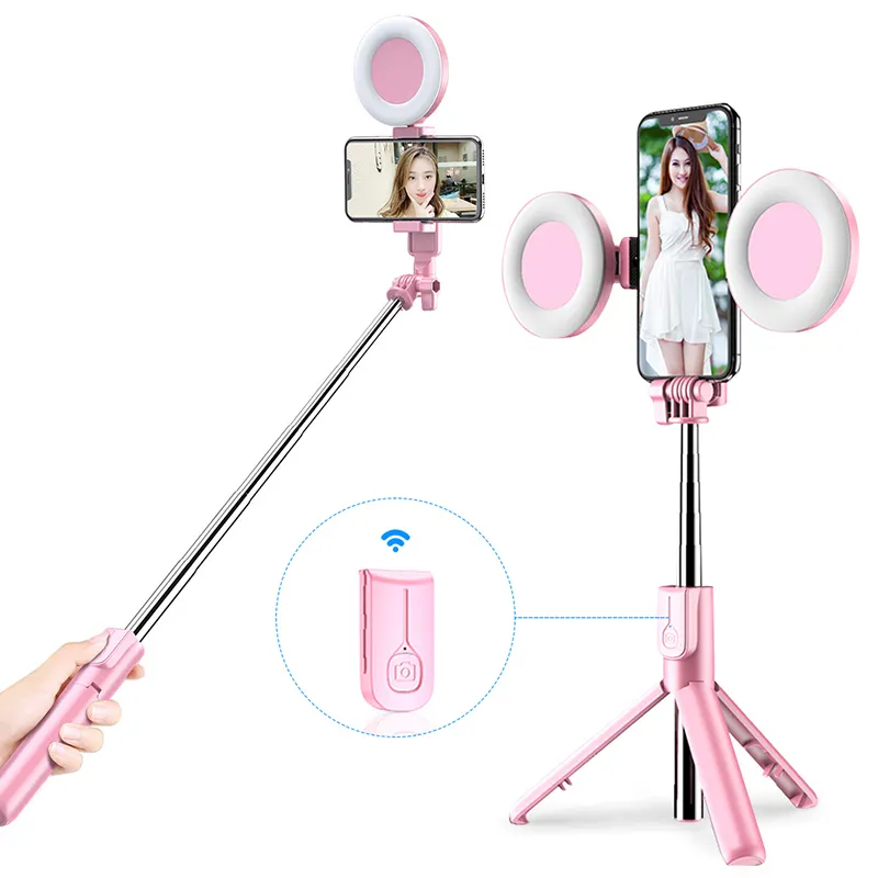 Pink Adjustable Bluetooth-compati Phone Holder With Led Ring Light Anti-slip Desk 4 In1 Selfie Stick For Tiktok Live Streaming