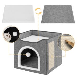 Voor Indoor Katten Opvouwbare Schuilplaats Mechanisch Wasbaar Huisdierenasiel Kattenhuis Kattenbed Met Speelgoedbal Krasblok Dierenbed - Product Image 6
