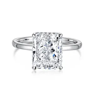 Dylam奢华高碳钻石超亮亮切割4克拉长方形钻石18k镀金订婚戒指