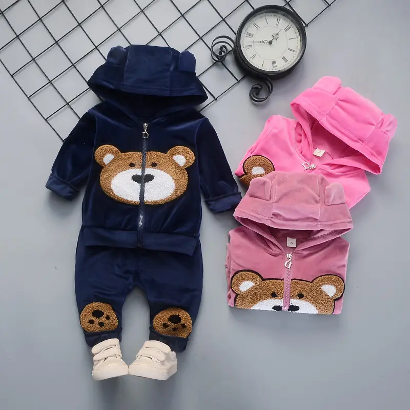 2021 New Cute Cartoon Bear Design Spring Autumn Long Sleeve Kids Boys Girls Hoodies Pants 2pcs Set Children Clothing Set