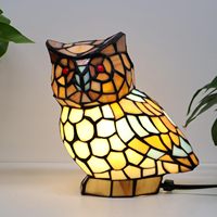 Lampe de table moderne en forme de hibou, dôme en verre teinté jaune et blanc, avec alimentation électrique
