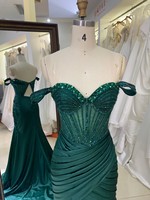 Robes de bal vert émeraude en gros 2026 – Robe de soirée sirène à épaules dénudées avec corset perlé – Fournisseur direct usine