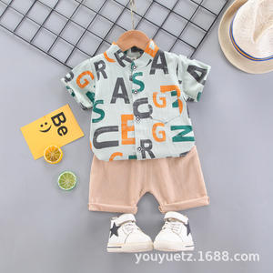 Commerce extérieur Style coréen tenue d'été enfants garçons filles à la mode deux pièces décontracté chemise en coton à manches courtes ensemble Plaid Stand - Product Image 6