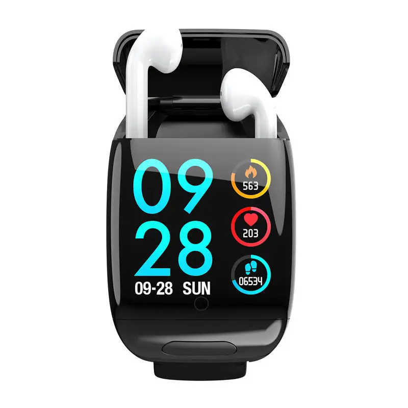 Grensoverschrijdende Nieuwe 2-In-1 Koptelefoon Horloge Mp3 Lokale Muziek Temperatuurdetectie Oproep Touchscreen Smart Watch Blue Tooth Headset
