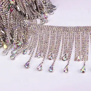 Bling Argent AB strass cristal long gland chaîne diamante claire chaîne strass garniture danse vêtements col bandeau garniture