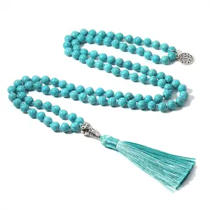 handmade energy healing blue turquoise stones meditation 108 mala beads beaded prayer tassel pendant necklace jewelry