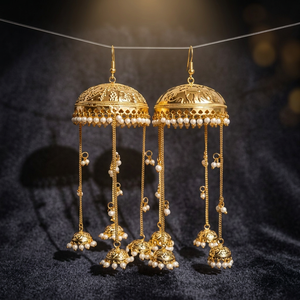 Boucles d'oreilles pendantes en forme de cloche plaquées or avec perles d'imitation, style ethnique pour femmes, pour mariage et mode - Product Image 3