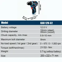 Perceuse sans fil Bosch Professional GSR 12V-32, moteur sans balais, couple élevé de 32 Nm, double vitesse, poignée en forme de T, outil électrique multifonctionnel