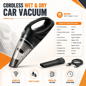 Aspirateur de voiture sans fil professionnel silencieux 48W 0,55L <span class=keywords><strong>pour</strong></span> usage professionnel/luxe, humide et sec, avec port Type-C - Product Image 2