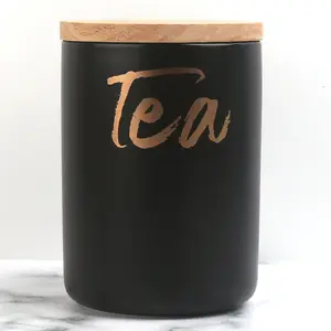 Commercio all'ingrosso Nero Opaco Tè In Ceramica di Caffè di Zucchero Oro Vaso Contenitore Con Coperchio In Legno Set