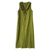 Nouvelle Robe Midi Droite en Lin et Coton à Col en V et Volants, Style Chic Français, Robe Débardeur à Cordon de Serrage pour le Quotidien 2026