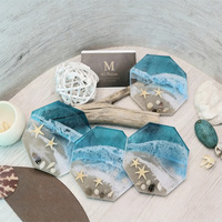 Sous-verre en résine et bois style bohème bord de mer, isolant thermique motif vague océanique, tapis de table souvenir de voyage en bord de mer personnalisable