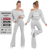 Ensemble de sport épaules dénudées 2 pièces à manches longues et pantalon évasé taille haute, séchage rapide, pour femme