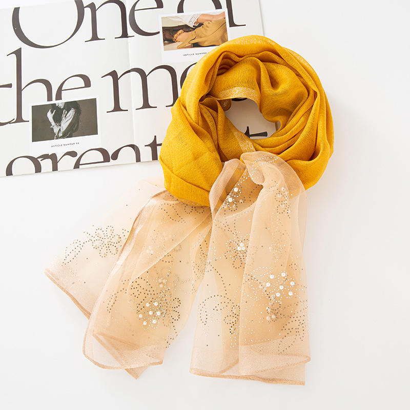 Whosale 2024 New Ladies Rhinestone Silk Scarf Fashion Long Silk Blend Plain  Pearl Women Muslim Hijab Head Wrap Scarves