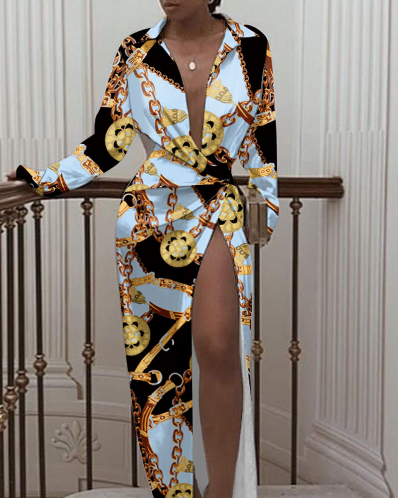 HYD6839 Autumn split mop dress shirt long sleeve printed dress for women