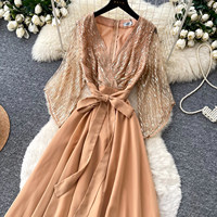 Robe longue élégante pour femme, col en V, patchwork de paillettes, en mousseline de soie, coupe évasée, avec ceinture, manches évasées, décontractée, pour les fêtes et le quotidien