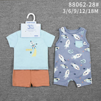 Vêtements pour bébés de marque, stock d'usine, vente en gros, vêtements d'été, ensemble de 3 pièces, motifs tendance, combinaison à manches courtes + ensemble t-shirt