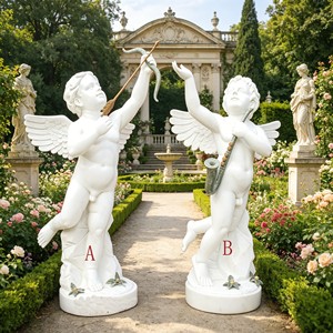 Par de Estatuas de <span class=keywords><strong>Cupido</strong></span> y Ángel Talladas a Mano en Mármol Blanco con Arco y Flauta para Decoración de Jardín, Villa, Iglesia o Paisaje Exterior - Product Image 1