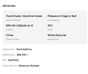 Granulés de sorbate de potassium à 98 % de pureté minimale, conservateur sûr à large spectre pour l'alimentation, les cosmétiques et les soins quotidiens, approvisionnement en vrac stable - Product Image 6