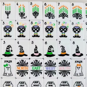 Juego de Mahjong Moderno de Lujo <span class=keywords><strong>en</strong></span> Dos Tonos Blanco y Negro para Halloween, Diseño Floral de Lápida con Fantasmas, Fichas Lisas y Pulimentadas, Portátil para Fiestas - Product Image 2